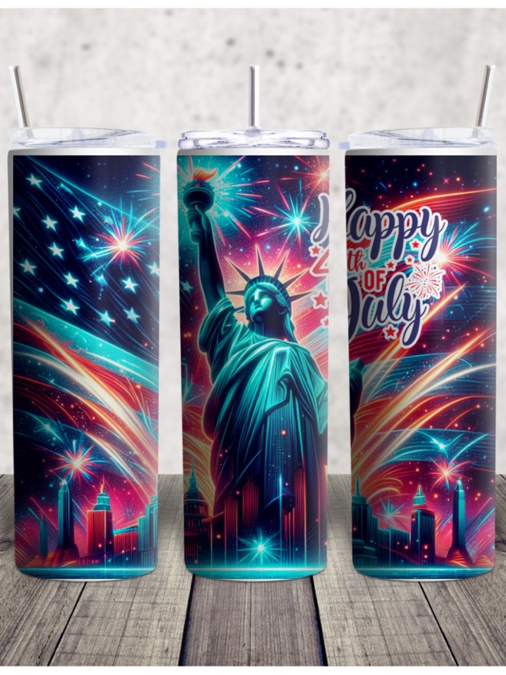 Hand Crafted Teal Red Fourth of July Statue of Liberty Tumbler